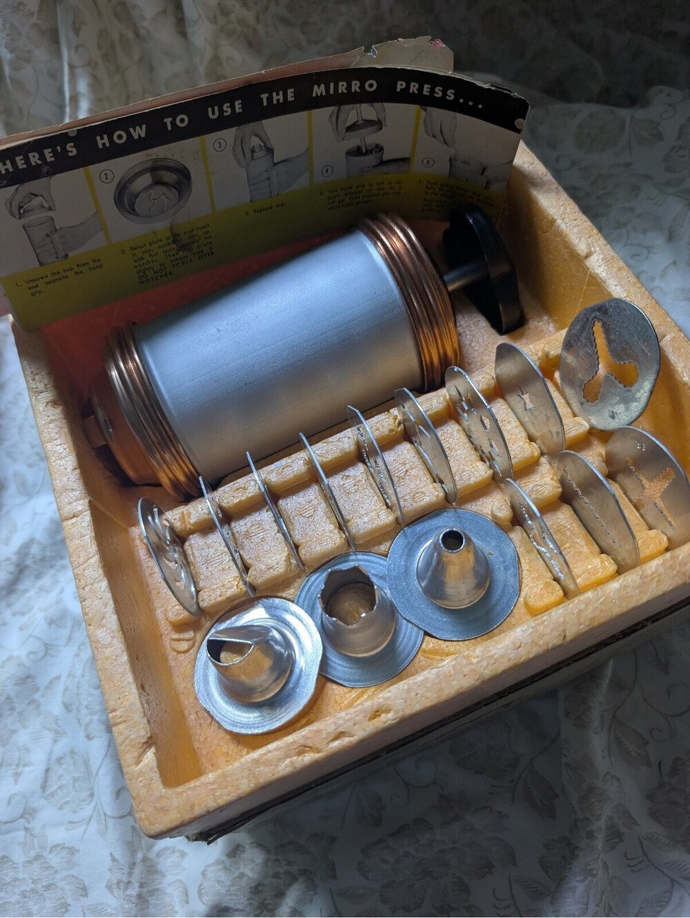 Vintage Mirro Aluminum Cookie Press with Stencils and Recipe Booklet
